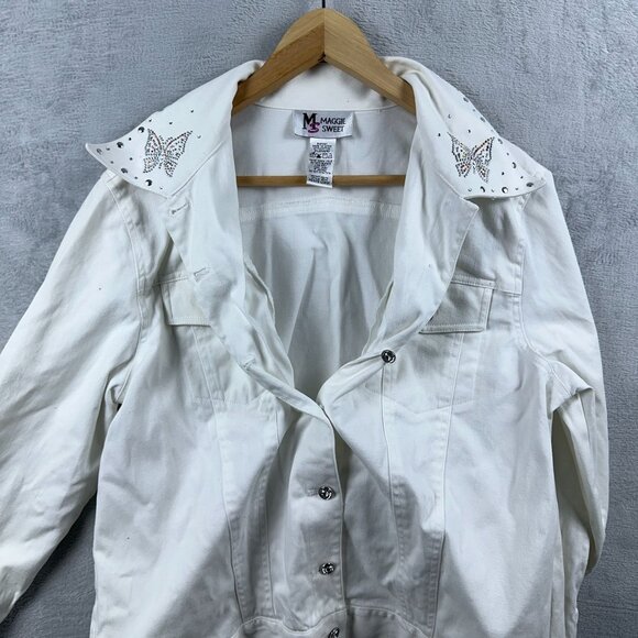 Maggie Sweet Denim Jacket Beaded Butterfly Detail Womens White Size Large Petite - Picture 4 of 12